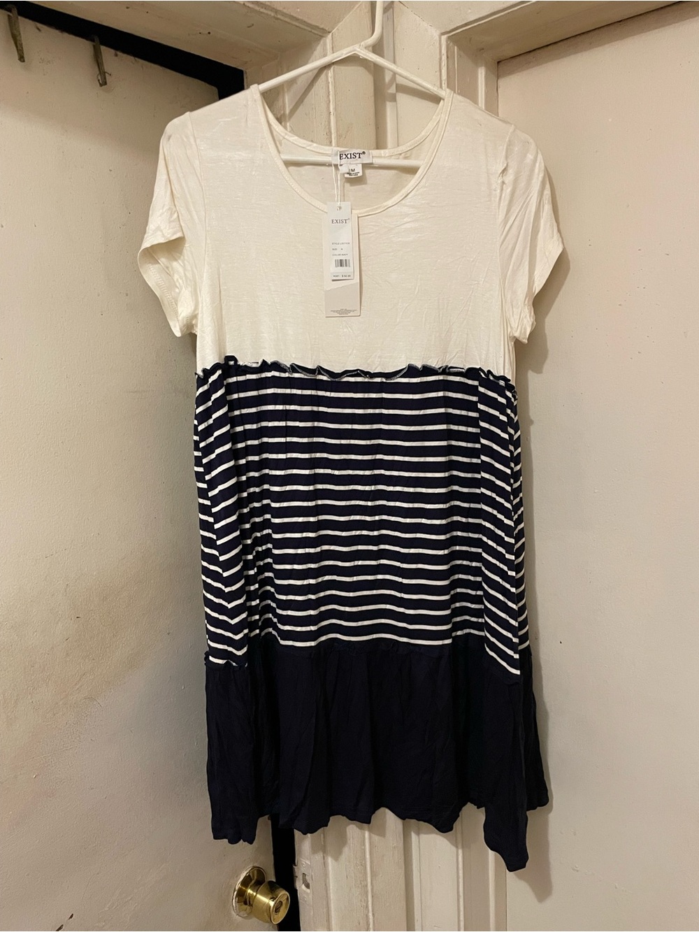 EXIST Women’s M White & Navy Striped T-Shirt Dress Scoop Neck Stretch (See Pics)